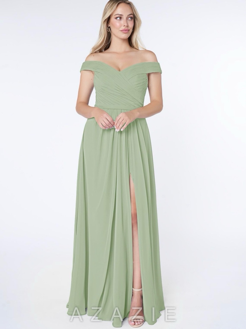AZAZIE AUDRIANNA Off-Shoulder dusty sage Green bridesmaid dress